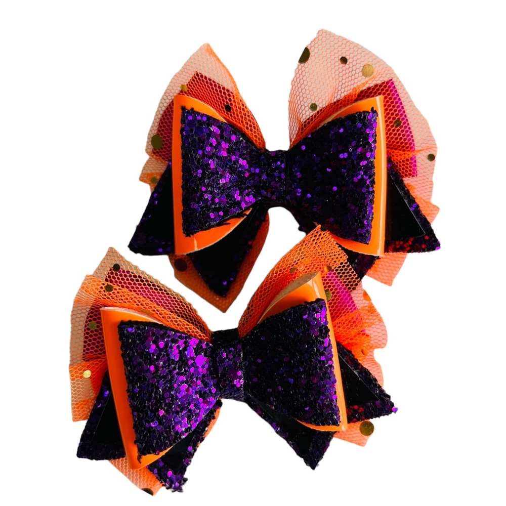 Set Pigtail Hair Bows for Girl & Baby Glittery Purple & Orange Kids Handmade